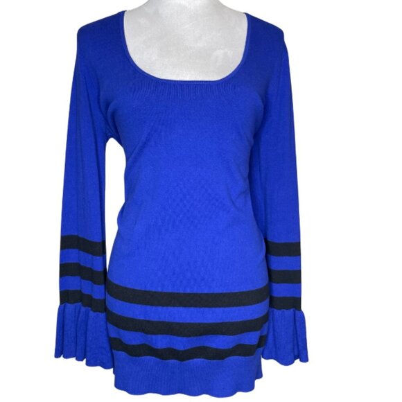 Newport News Women's Cobalt Blue/Black Scoop Neck Tunic Mini Dress Bell Sleeve L - Picture 1 of 8